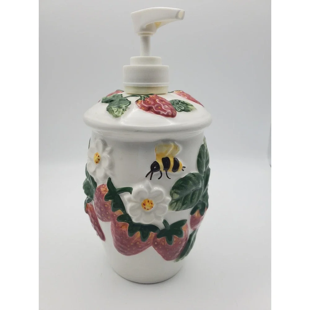 Vintage KK Ceramic Strawberry & Bee Soap or Lotion Dispenser